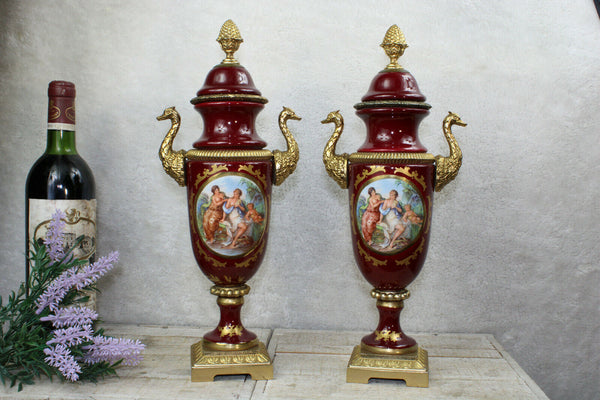 PAIR french limoges burgundy red romantic victorian scene vases swan handles