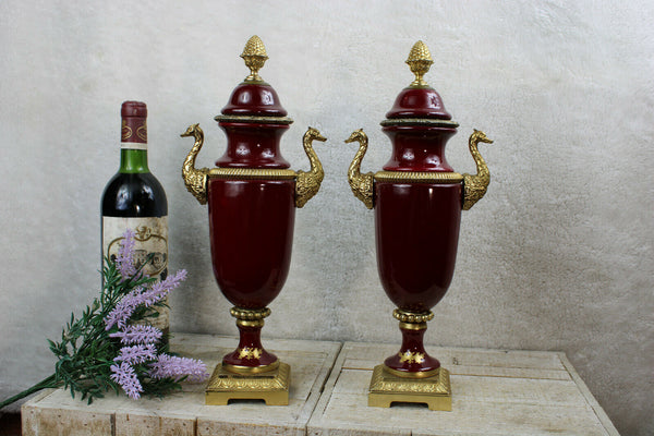 PAIR french limoges burgundy red romantic victorian scene vases swan handles