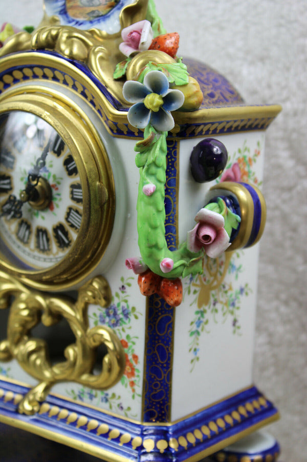 Gorgeous mantel clock floral fruit porcelain relief  marked 1970