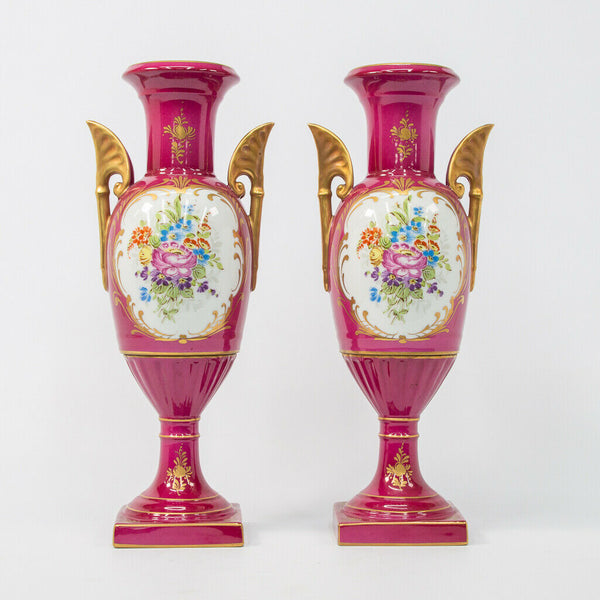 PAIR french porcelain de couleuvre floral hand paint vases marked