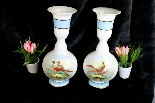 Antique pair french opaline glass vases hand paint pheasant bird scene rare