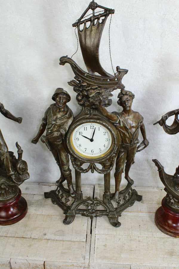 Vintage 1970 French zinc spelter mantel clock set statue figurine