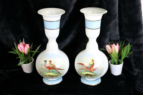 Antique pair french opaline glass vases hand paint pheasant bird scene rare