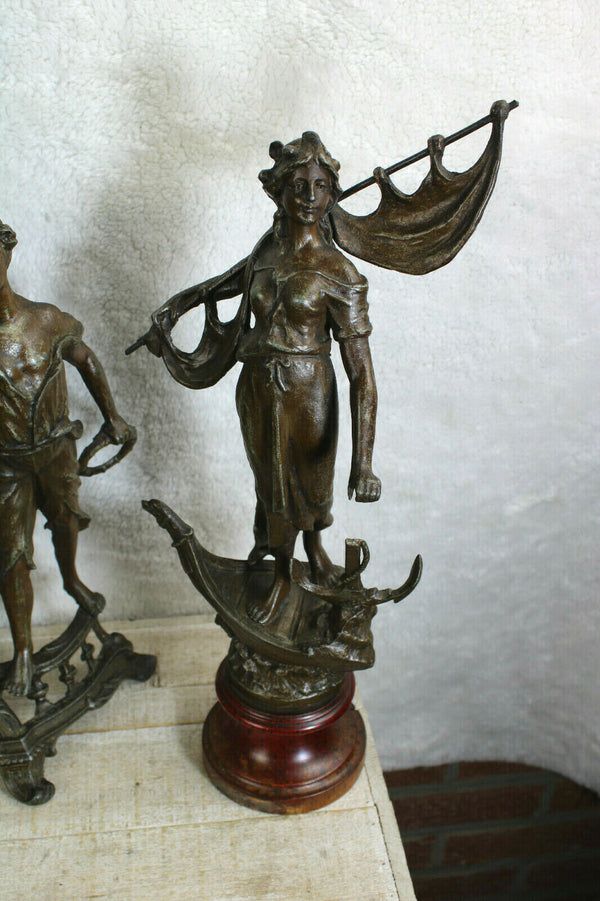 Vintage 1970 French zinc spelter mantel clock set statue figurine