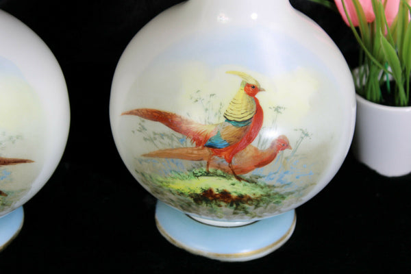 Antique pair french opaline glass vases hand paint pheasant bird scene rare