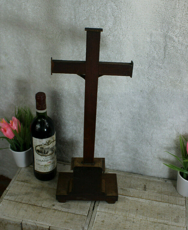 Antique French wood carved standing religious altar crucifix cross christ church