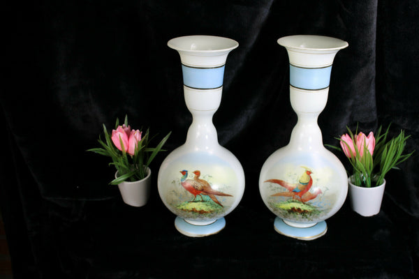 Antique pair french opaline glass vases hand paint pheasant bird scene rare