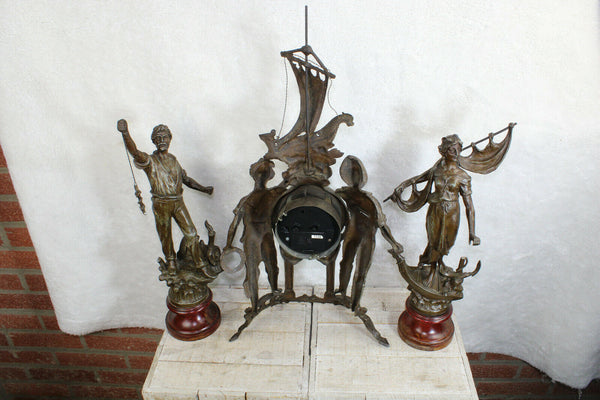 Vintage 1970 French zinc spelter mantel clock set statue figurine