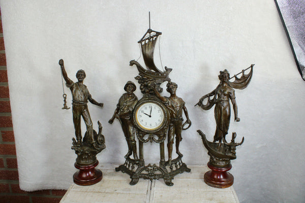 Vintage 1970 French zinc spelter mantel clock set statue figurine