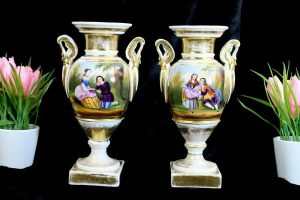 PAIR antique vieux paris porcelain hand paint Vases romantic scene 19thc