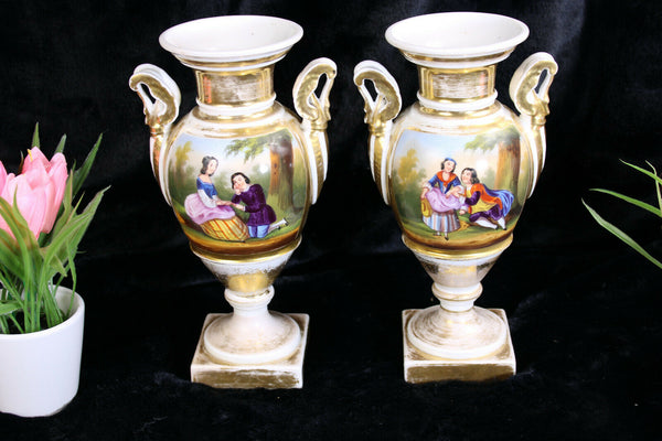 PAIR antique vieux paris porcelain hand paint Vases romantic scene 19thc