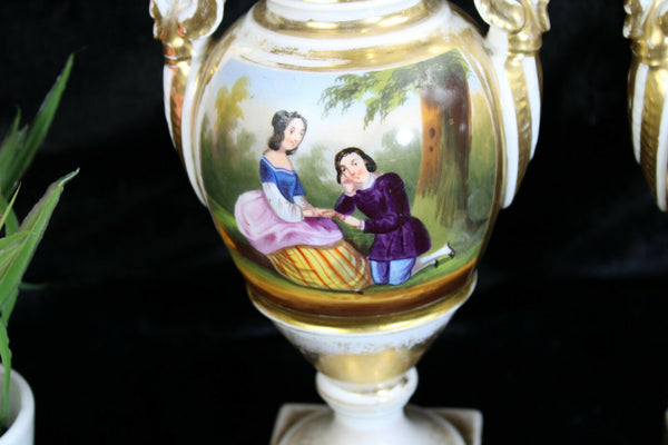 PAIR antique vieux paris porcelain hand paint Vases romantic scene 19thc