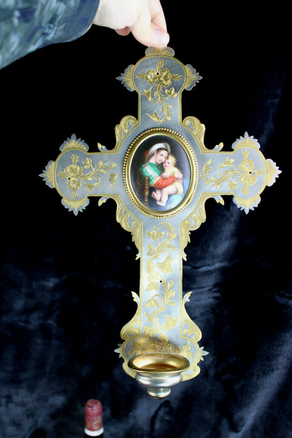 Antique french metal crucifix porcelain medaillon madonna holy water font