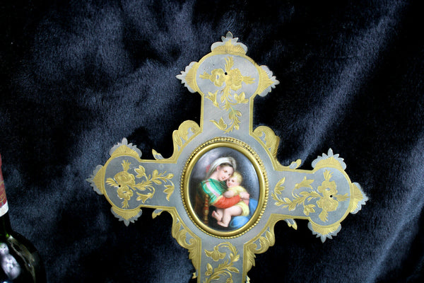 Antique french metal crucifix porcelain medaillon madonna holy water font