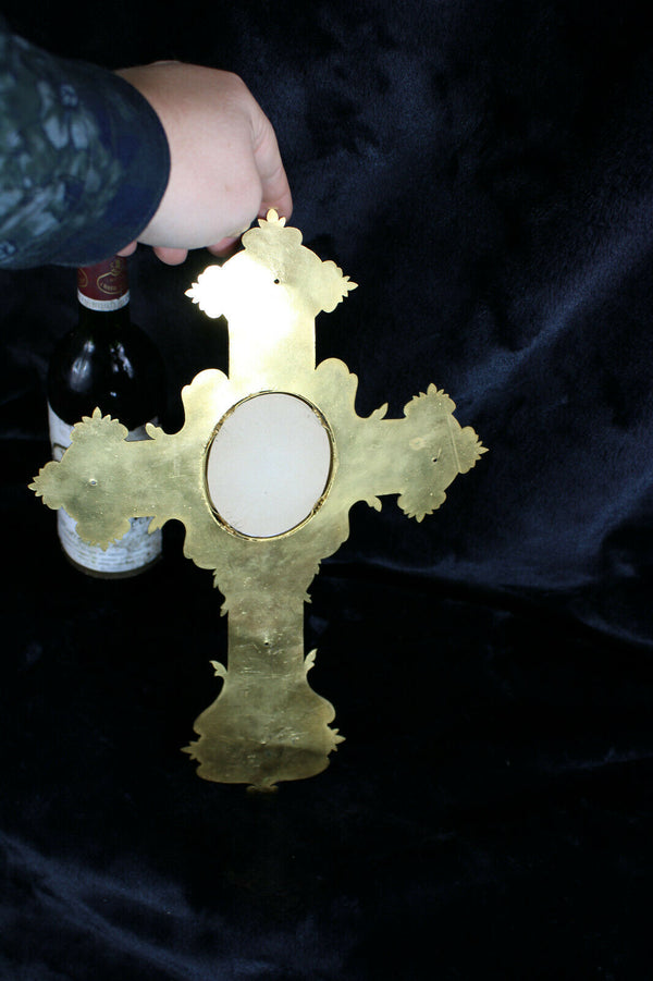 Antique french metal crucifix porcelain medaillon madonna holy water font