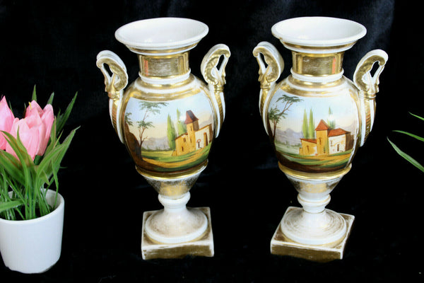 PAIR antique vieux paris porcelain hand paint Vases romantic scene 19thc