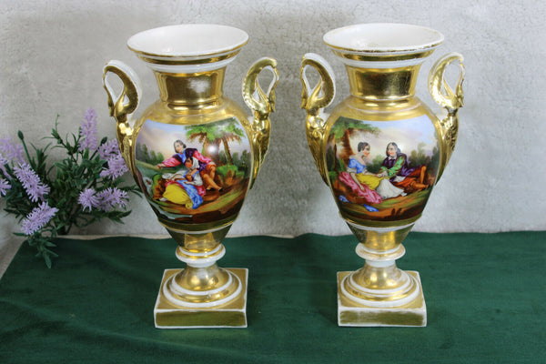 PAIR antique 19thc Vieux paris porcelain hand paint Swan handles Vases romantic