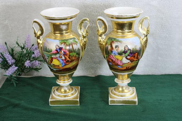 PAIR antique 19thc Vieux paris porcelain hand paint Swan handles Vases romantic