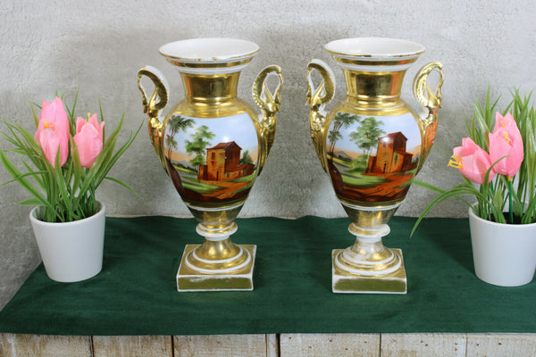 PAIR antique 19thc Vieux paris porcelain hand paint Swan handles Vases romantic