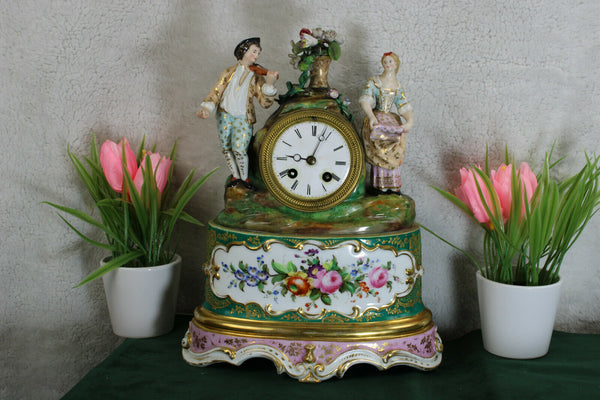 Antique French vieux paris porcelain mantel clock floral decor figurine