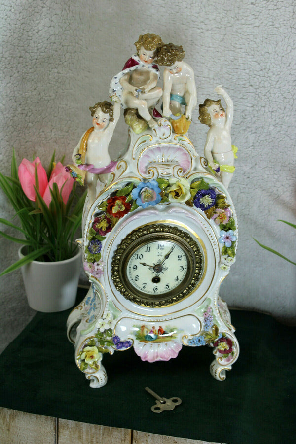 German Dresden porcelain bisque clock cherubs putti figurine marked