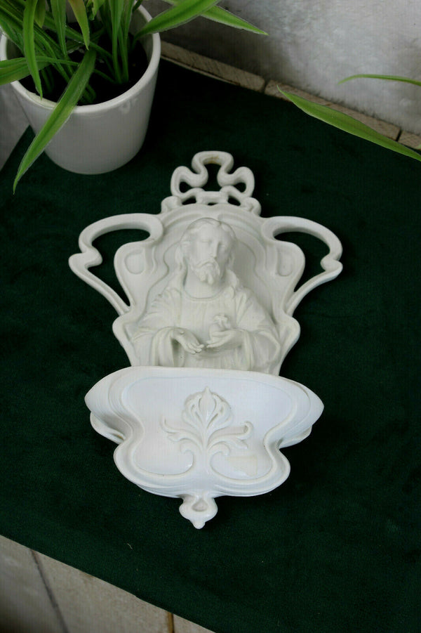 German Volkstedt marked bisque porcelain holy water font jesus religious