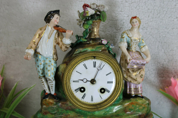 Antique French vieux paris porcelain mantel clock floral decor figurine