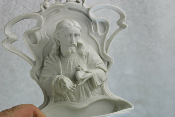 German Volkstedt marked bisque porcelain holy water font jesus religious