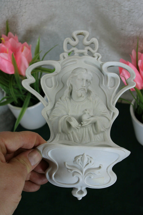 German Volkstedt marked bisque porcelain holy water font jesus religious