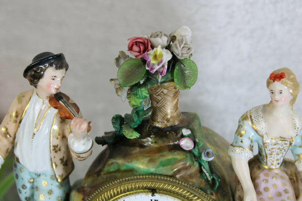 Antique French vieux paris porcelain mantel clock floral decor figurine