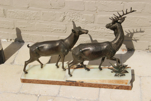 Huge XXL ART DECO 1930 Deer couple  marble spelter bronze Statue sculpture