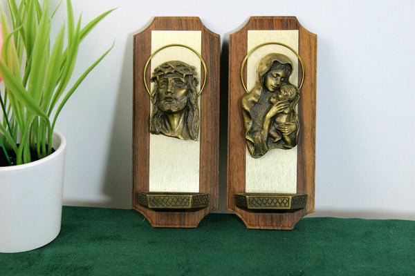 PAIR Antique French art deco metal MAdonna jesus holy water font plaques