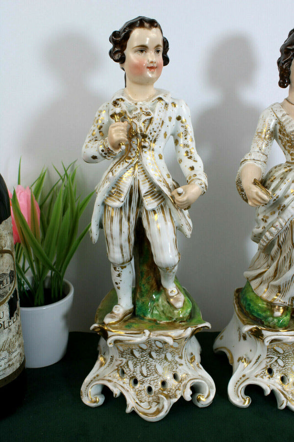 Top French antique 19thc vieux paris porcelain Pair figurine statue pique fleur