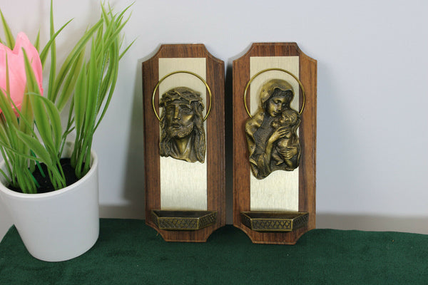 PAIR Antique French art deco metal MAdonna jesus holy water font plaques