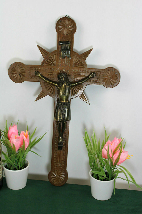 Antique Dutch Frisian Wood carved wall crucifix cross religious christ