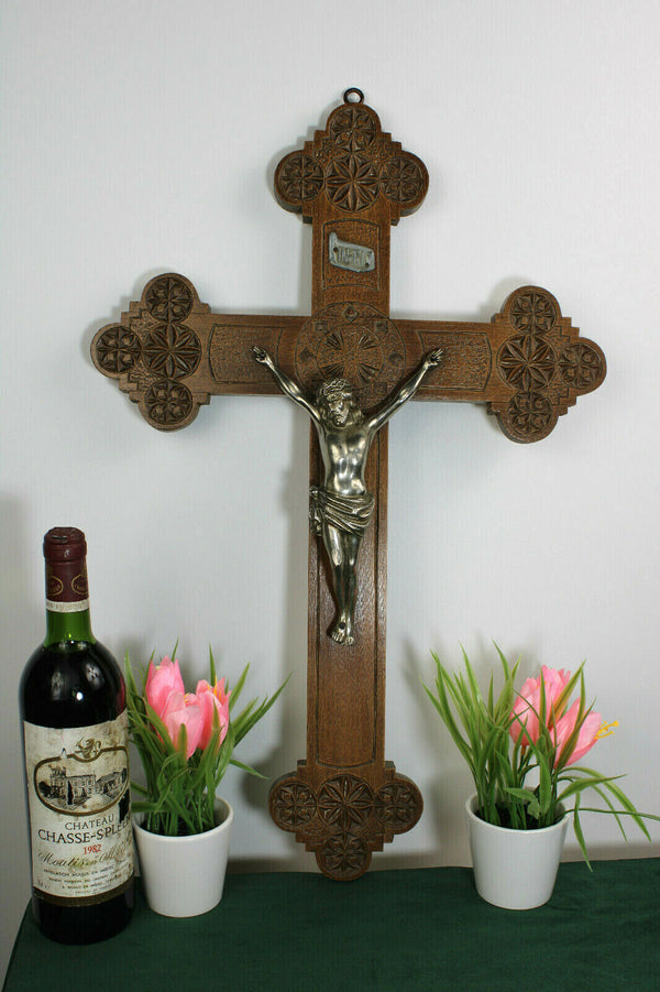 Antique XL  Dutch Frisian Wood carved wall crucifix cross religious christ
