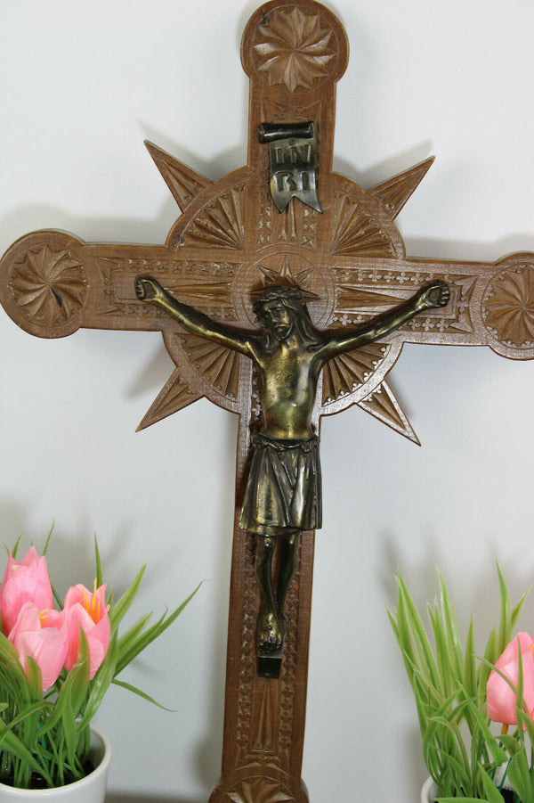 Antique Dutch Frisian Wood carved wall crucifix cross religious christ