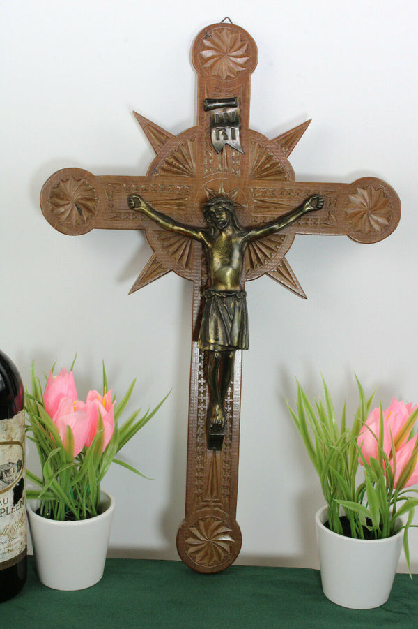 Antique Dutch Frisian Wood carved wall crucifix cross religious christ