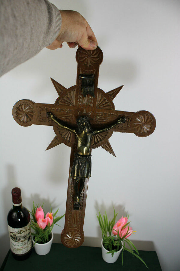 Antique Dutch Frisian Wood carved wall crucifix cross religious christ
