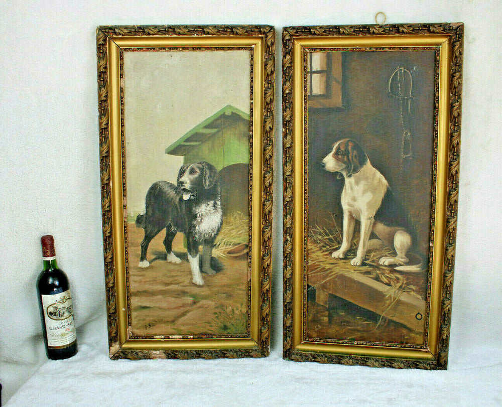 Antique PAIR French oil canvas maroufle on panel dog portrait paintings 1900