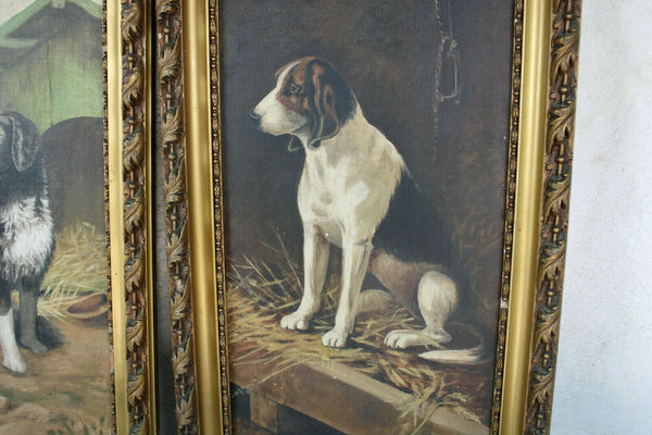 Antique PAIR French oil canvas maroufle on panel dog portrait paintings 1900
