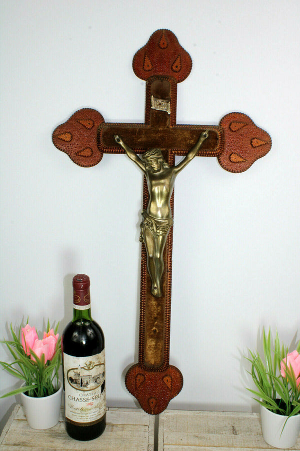 Antique XL French WW2 Tramp art Wood carved crucifix cross religious