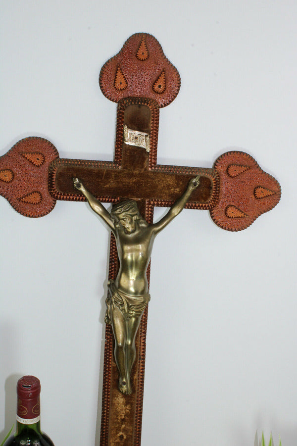 Antique XL French WW2 Tramp art Wood carved crucifix cross religious