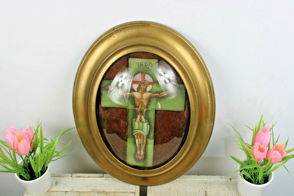 Antique French crucifix in tiles ceramic behind glass framed wall panel plaque