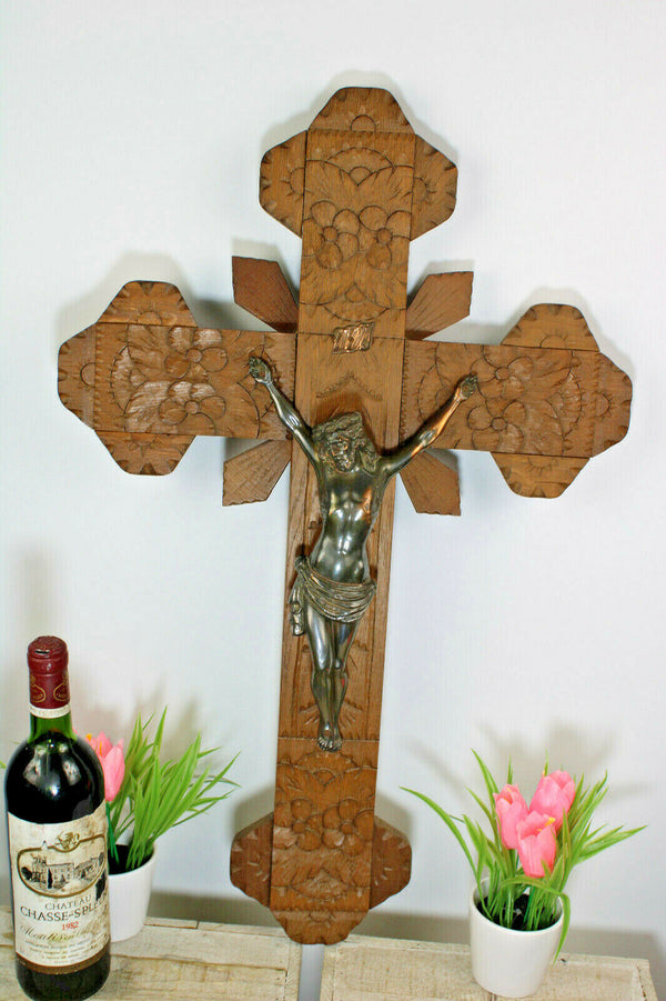 LARGE antique wood carved crucifix cross religious