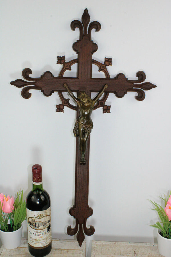 Antique XL black forest neo gothic wood carved crucifix bronze christ