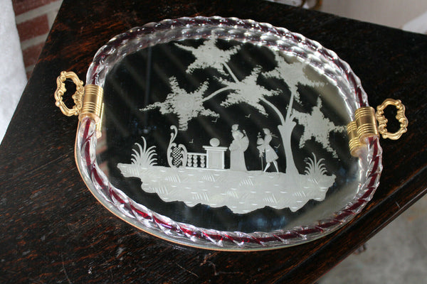 Vintage italian 1970 barovier Murano etched mirror Glass serving tray plate