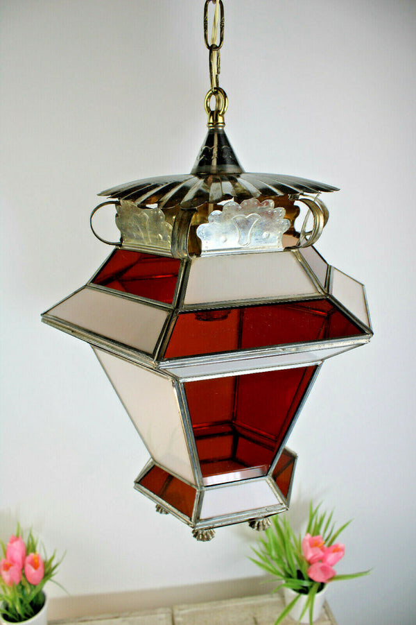 French art deco 1960 Lantern hall Amber white glass panels lamp chandelier