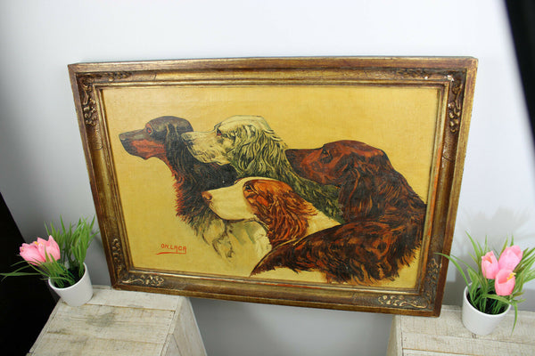 Antique oil canvas painting dogs south european signed