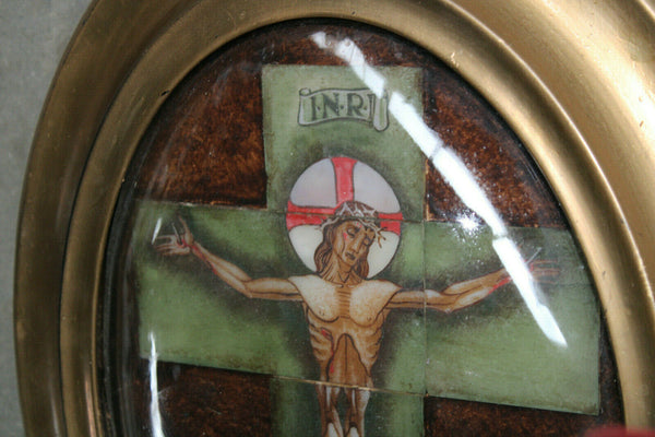 Antique French crucifix in tiles ceramic behind glass framed wall panel plaque